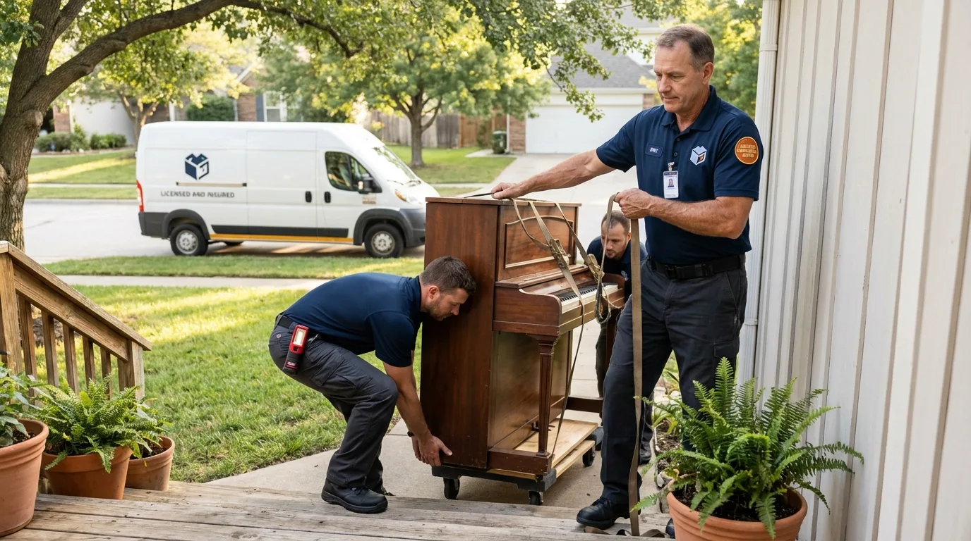 Licensed piano movers securing grand piano in Osceola, IA
