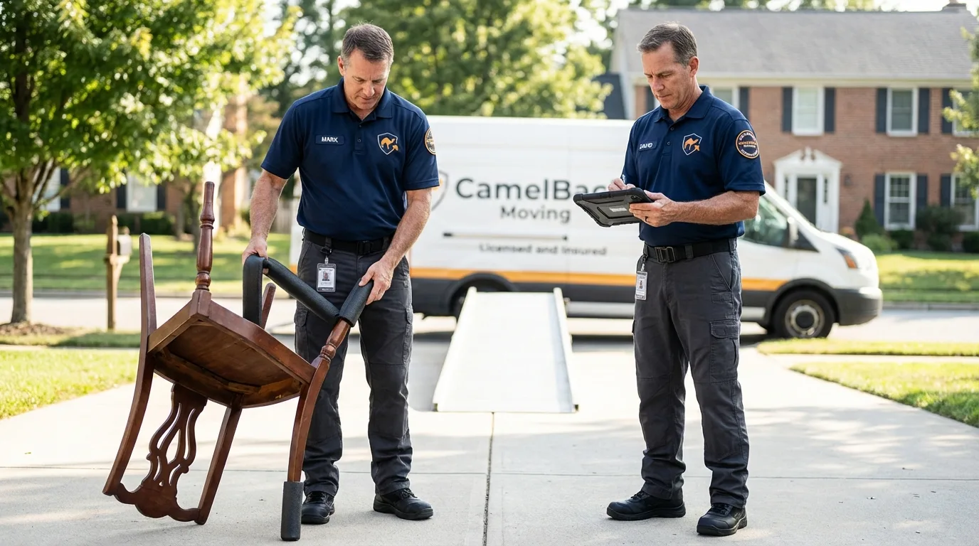 Movers inspecting furniture for damage prevention before loading in Osceola, IA