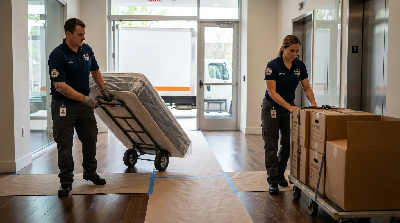 Professional apartment movers loading elevator in Osceola, IA